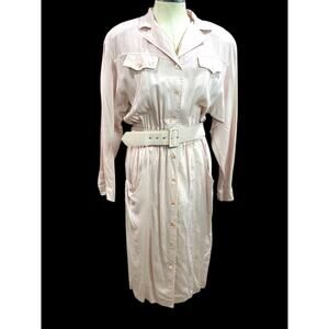 Size 14 Together! Pink Rayon 1980s Dress Belted Button Up